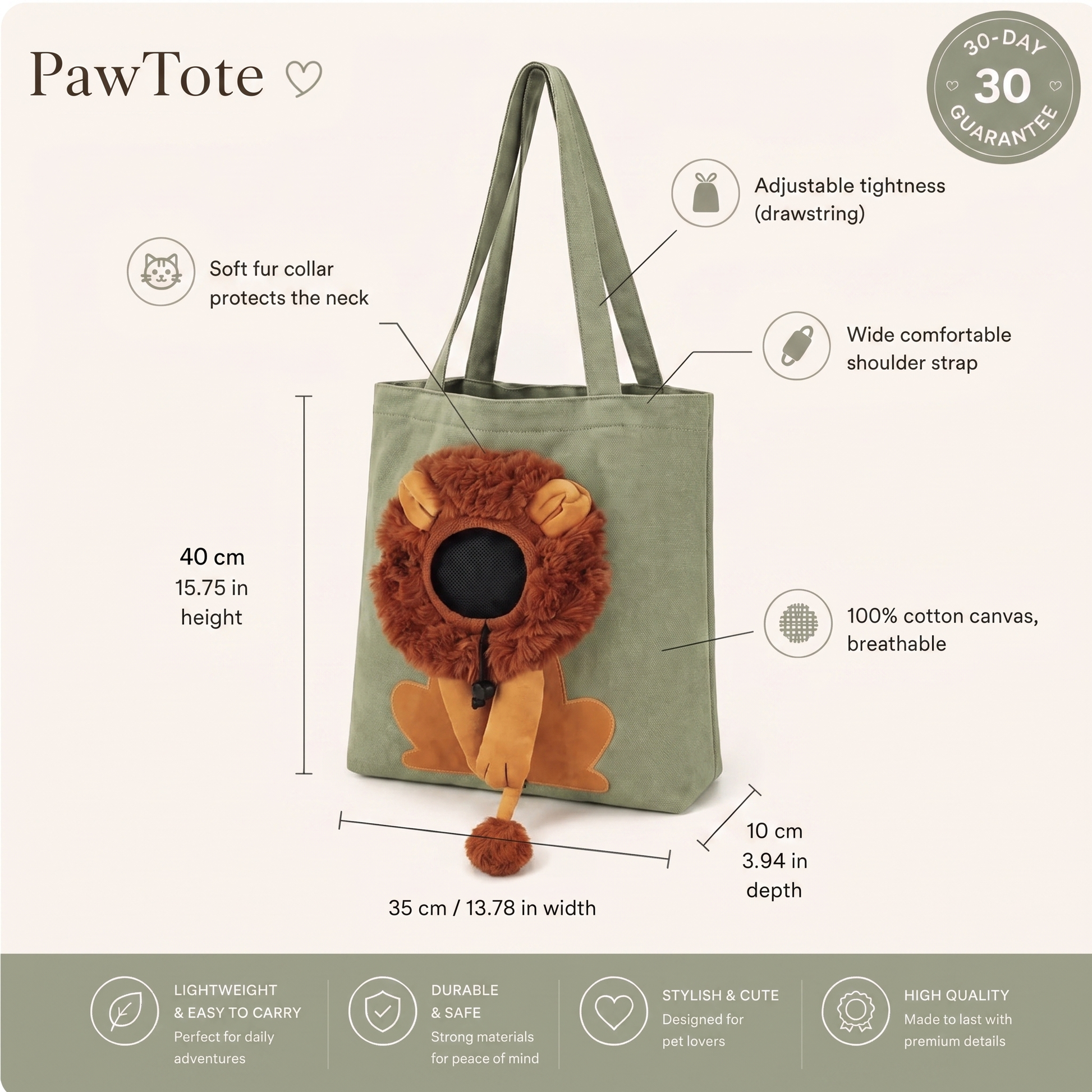 PawTote Lion Shoulder Bag - cat carried in a lion tote bag