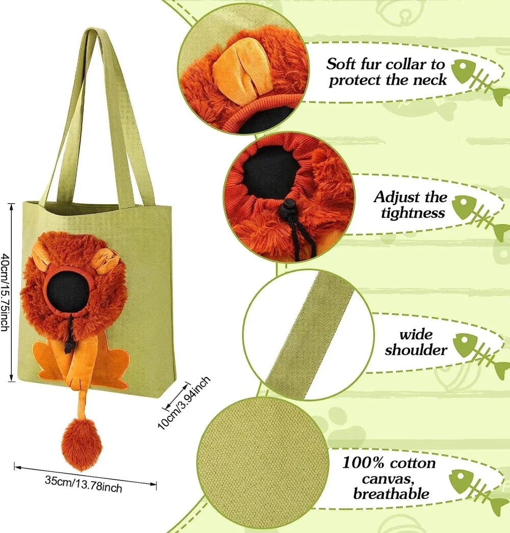 Cat carried safely in a soft canvas shoulder bag