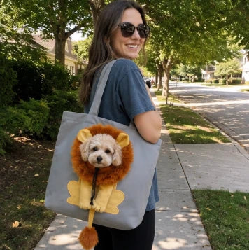 Happy small pet owner using a sling carrier